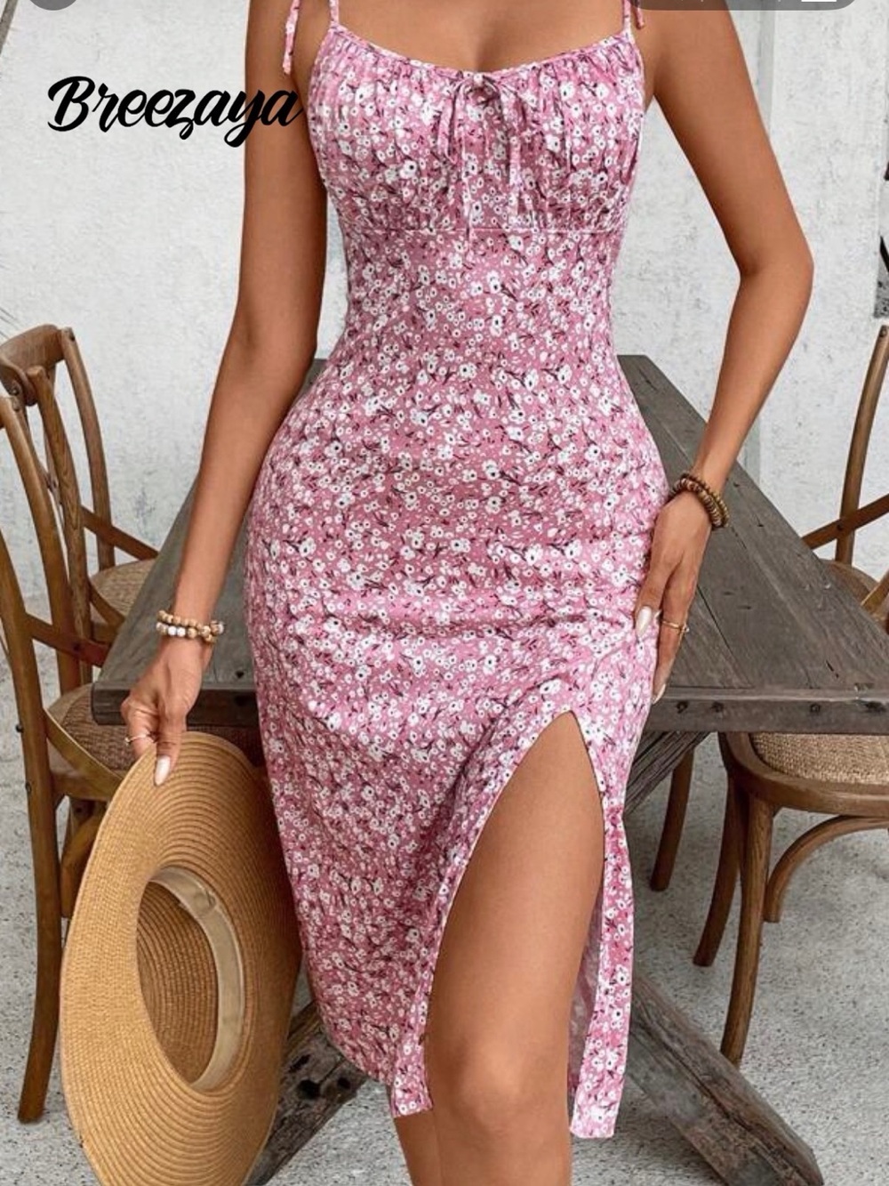 SHEIN Pink Ditsy Floral Tie-Strap Midi Dress